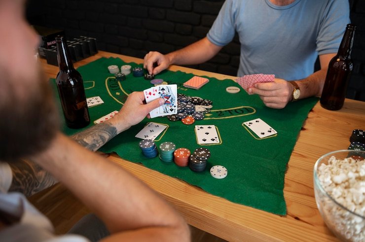 Tampilan meja Caribbean Stud Poker dengan dealer langsung di musang78